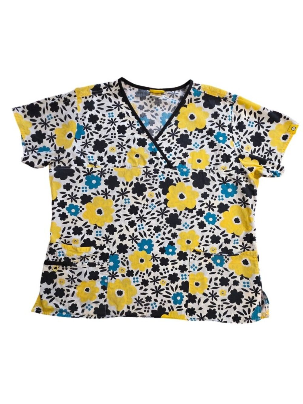 WonderWink Floral Scrub Top XL Yellow Blue Cotton